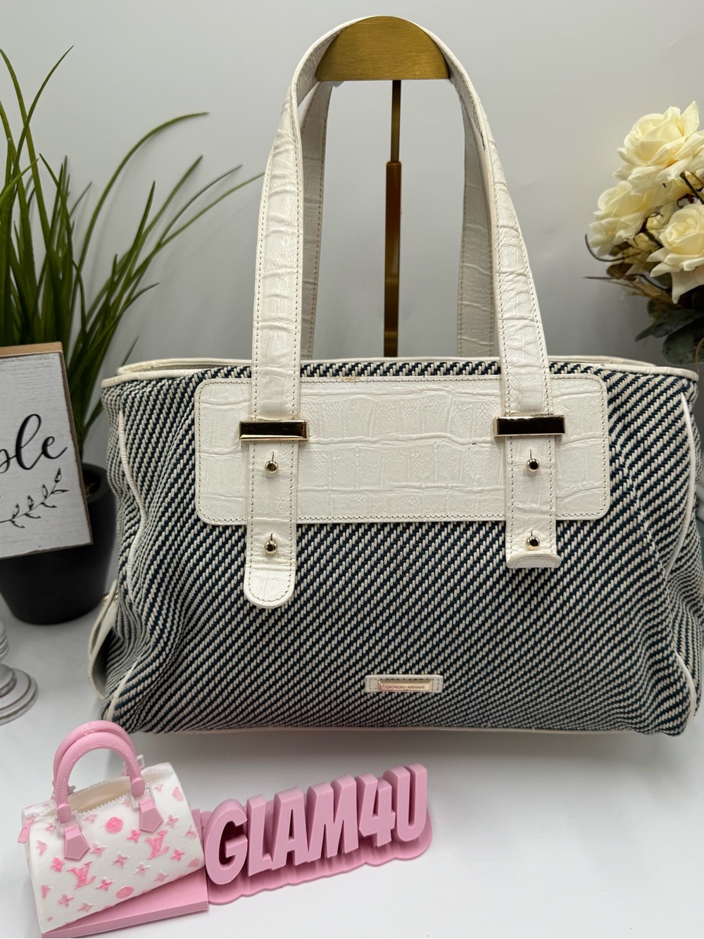 GIORGIO ARMANI Vintage Canvas & White Croc-Embossed Leather Tote Handbag Italy